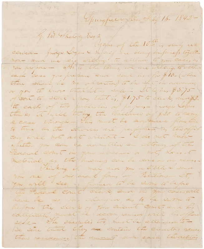 Lot 29 Abraham Lincoln Autograph Letter Signed on Early Federal Bankruptcy Cases (1842)