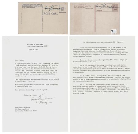 Lot #71 Harry S. Truman (3) Signed Items - Typed Letter and Postcards - Image 1