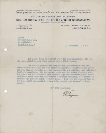 Lot #148 Chaim Weizmann Typed Letter Signed