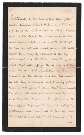 Lot #213 Queen Victoria Letter Signed to the King of Madagascar: 