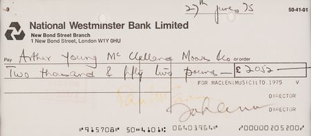 Lot #625 John Lennon and Paul McCartney Signed Post-Breakup 'Maclen Music Ltd.' Check (June 27, 1975) - Image 1