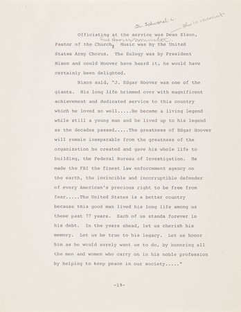 Lot #447 Mark Felt Typed Letter Signed with 28-Page Working Typescript on the Death and Funeral of J. Edgar Hoover - Image 4
