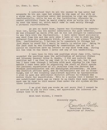 Lot #357 Al Capone: Courtland Butler Typed Letter Signed on Capone's Character and the Scarcity of His Autographs - Image 2