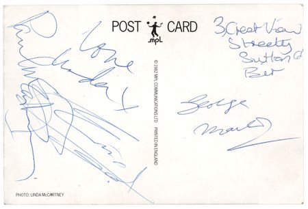 Lot #586 Beatles: Paul and Linda McCartney, George Martin, and Eric Stewart Signed MPL Postcard from the 'Take It Away' Video Shoot - Image 1