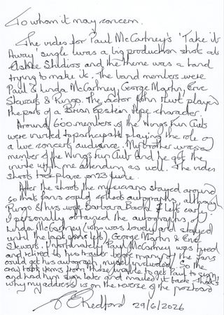 Lot #586 Beatles: Paul and Linda McCartney, George Martin, and Eric Stewart Signed MPL Postcard from the 'Take It Away' Video Shoot - Image 4
