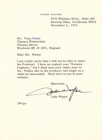 Lot #748 John Wayne and Hal B. Wallis (2) Typed Letters Signed - 