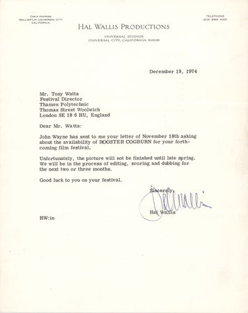 Lot #748 John Wayne and Hal B. Wallis (2) Typed Letters Signed - 