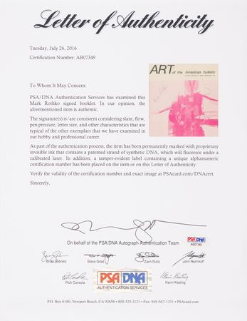 Lot #502 Mark Rothko Signed Booklet - Art of the Americas Bulletin - Image 2