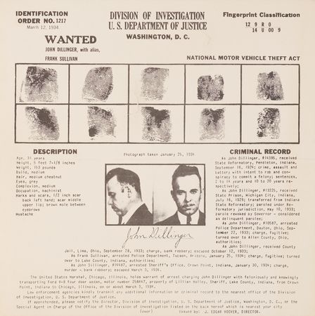Lot #421 John Dillinger Department of Justice Wanted Poster (March 12, 1934) - Image 1