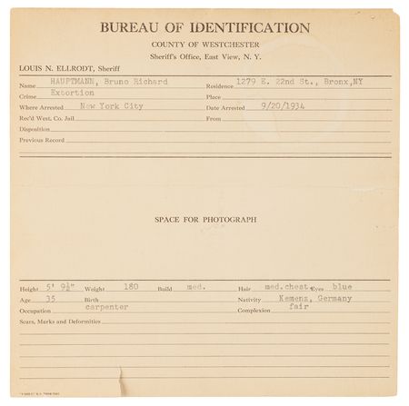 Lot #427 Lindbergh Kidnapping: Bruno Richard Hauptmann Original Photostat Fingerprint Sheet and Westchester County Arrest Record - Image 2