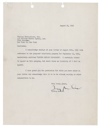 Lot #563 Irving Berlin Typed Letter Signed on the