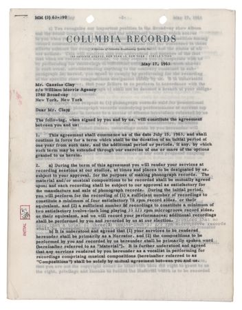 Lot #763 Muhammad Ali Document Signed - Columbia Records Contract as 