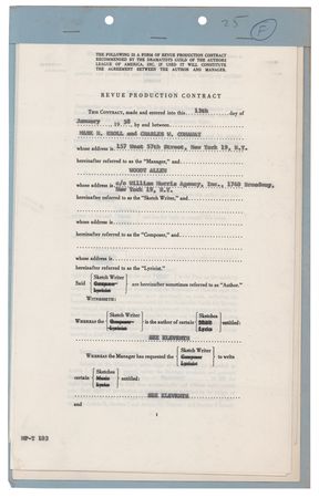 Lot #681 Woody Allen Signed Revue Production Contract for the Proposed Broadway Revue 'Of All Things' (1958) - Image 2