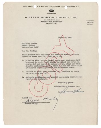 Lot #531 Aldous Huxley Signed Agency Contract