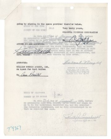 Lot #721 Karl Malden Signed Net Proceeds Agreement for 'On the Waterfront' - Image 1