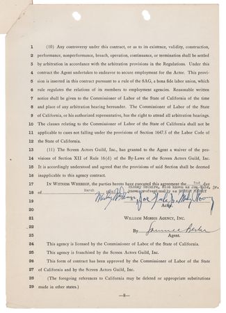 Lot #733 Mickey Rooney Agency Contract Signed Three Times as 