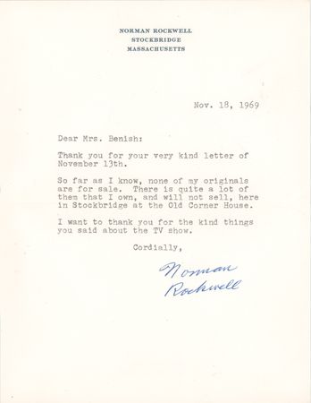 Lot #501 Norman Rockwell Typed Letter Signed: None