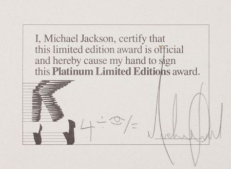 Lot #666 Michael Jackson Signed Platinum Limited Editions Award Certificate - Image 1