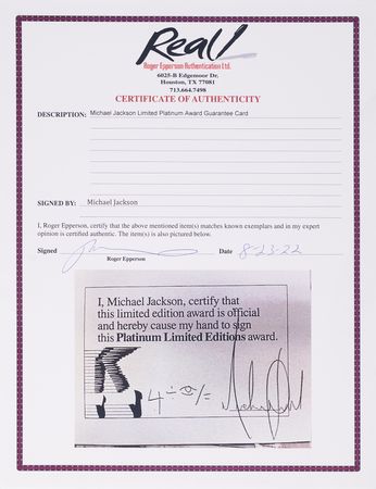 Lot #666 Michael Jackson Signed Platinum Limited Editions Award Certificate - Image 2
