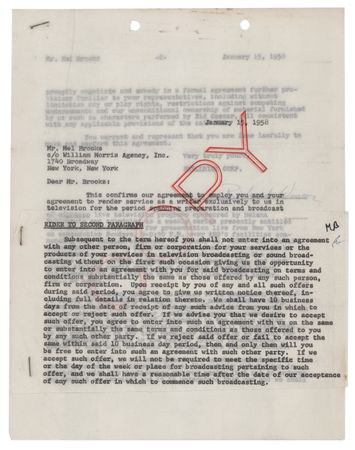 Lot #688 Mel Brooks Early Document Signed for Employment as a Writer on 'Sid Caesar Invites You' (1958) - Image 2