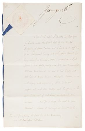 Lot #185 King George IV Document Signed, Authorizing Diplomatic Negotiations with the United States (1826) - Image 1