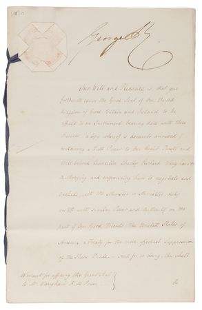 Lot #184 King George IV Document Signed, Authorizing Negotiation of a Treaty with the United States for the Suppression of the Slave Trade (1825) - Image 1