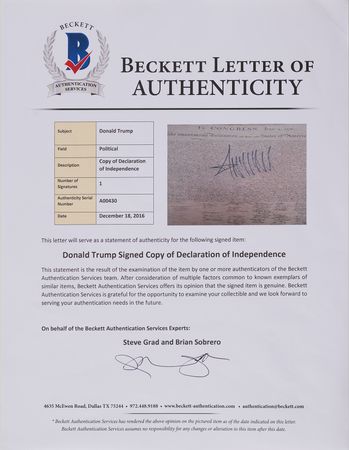 Lot #101 Donald Trump Signed Declaration of Independence - Image 2