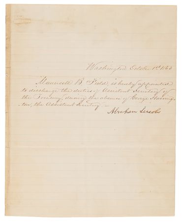 Lot #26 Abraham Lincoln Document Signed as President, Appointing Maunsell B. Field to the Civil War Treasury Department (October 1, 1863) - Image 1