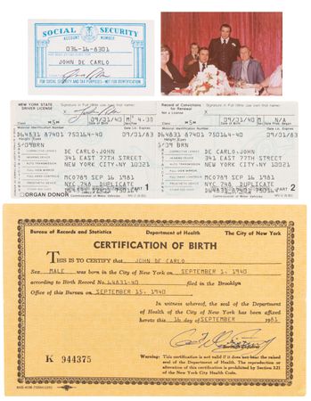 Lot #456 Roy DeMeo Original Unpublished Family Photograph and (3) False “John De Carlo” Escape Identity Documents - Image 1