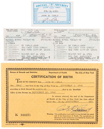 Lot #456 Roy DeMeo Original Unpublished Family Photograph and (3) False “John De Carlo” Escape Identity Documents - Image 1