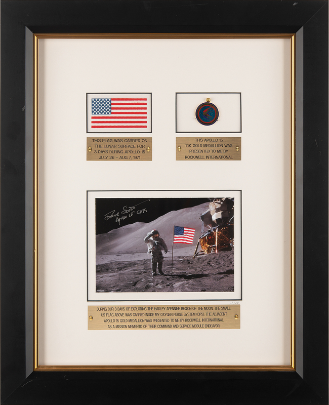 Lot 6266 Apollo 15 Lunar Surface-Flown Flag and Unflown 14K Gold Medallion Display - From the Personal Collection of Dave Scott