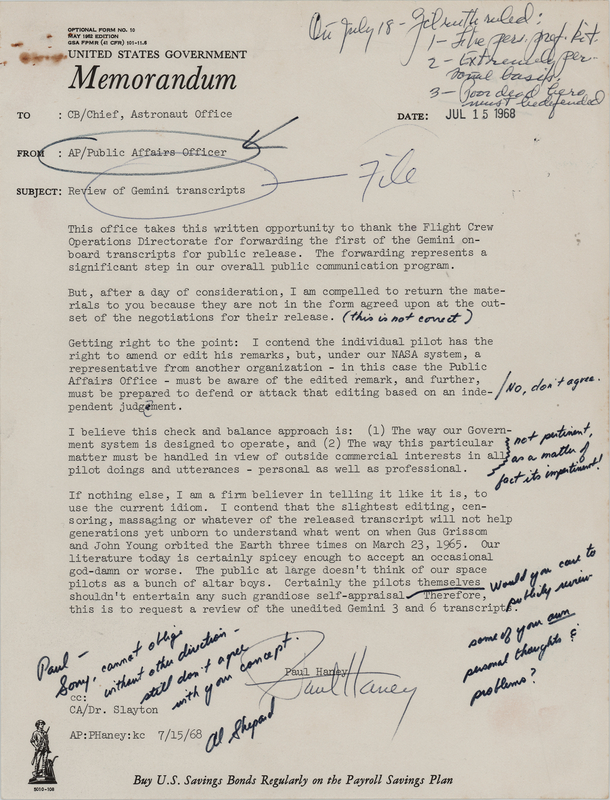 Lot 6074 Alan Shepard and Paul Haney Hand-Annotated and Signed Government Memorandum: 