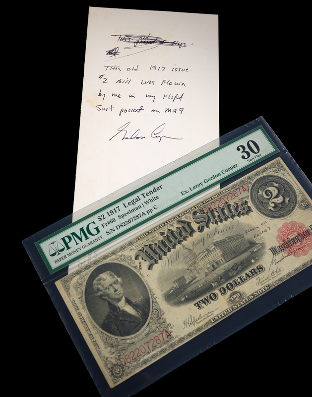 Lot 6044 Mercury-Atlas 9 Faith 7 Flown $2 Dollar Bill, Signed by Gordon Cooper - PMG VF 30