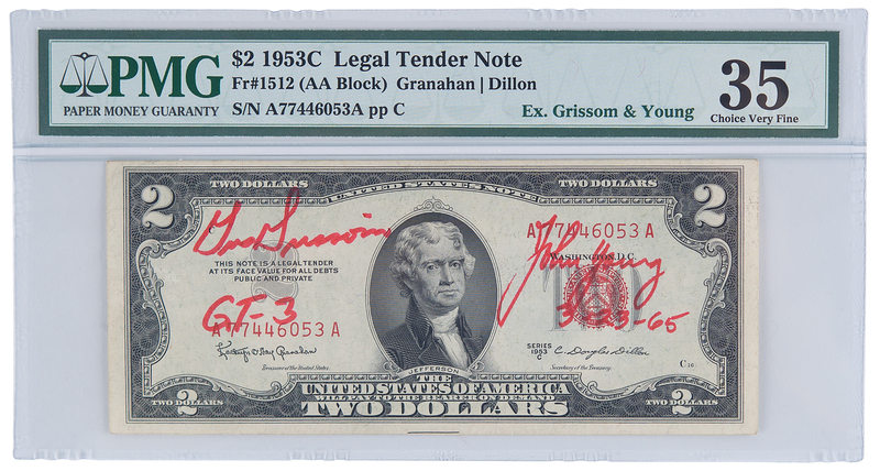 Lot 6057 Gemini 3 Molly Brown Flown $2 Dollar Bill, Signed by Gus Grissom and John Young - PMG CVF 35