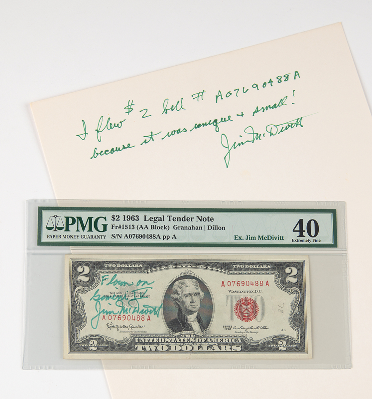 Lot 6059 Gemini 4 Flown $2 Dollar Bill, Signed by Jim McDivitt - PMG EF 40