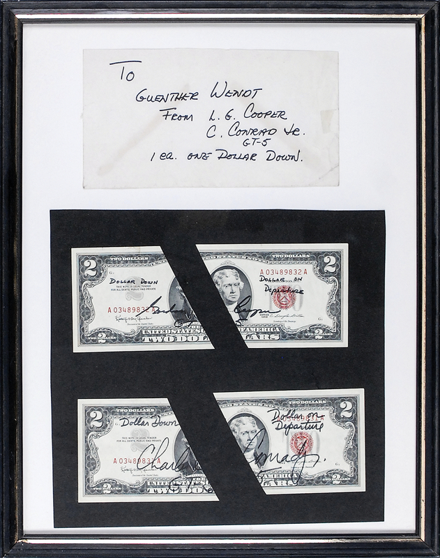 Lot 6066 Gemini 5 Flown $2 Dollar Bill Halves, Signed by Charles Conrad and Gordon Cooper for Padleader Guenter Wendt