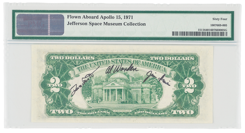 Lot 6270 Apollo 15 Flown $2 Dollar Bill, Signed by Dave Scott, Jim Irwin, and Al Worden - PMG CU 64