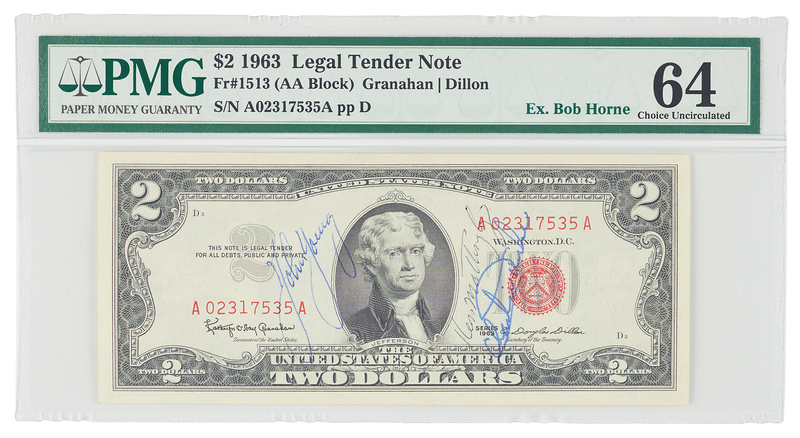 Lot 6281 Apollo 16 Flown $2 Dollar Bill, Signed by John Young, Charlie Duke, and Ken Mattingly - PMG CU 64