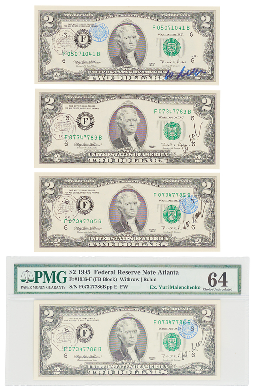 Lot 6440 ISS Expedition 7/Soyuz TMA-2 (4) Flown $2 Dollar Bills, Signed by Yuri Malenchenko