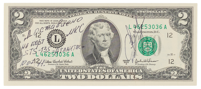 Lot 6413 STS-135 Flown $2 Dollar Bill, Signed by Aleksandr Samokutyaev
