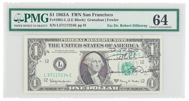 Lot 6108 Apollo 9 Flown $1 Dollar Bill, Signed by Dave Scott, Rusty Schweickart, and Jim McDivitt - From the Collection of NAA Certifying Official Robert Dillaway - PMG CU 64