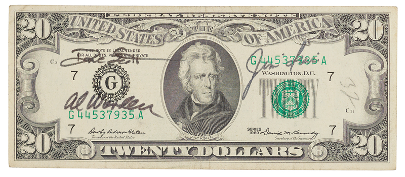 Lot 6271 Apollo 15 Flown $20 Dollar Bill, Signed by Dave Scott, Jim Irwin, and Al Worden