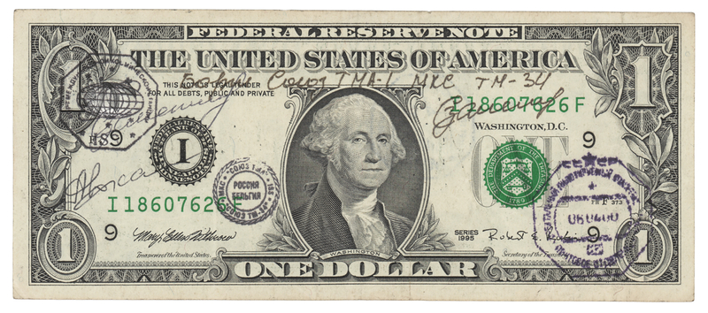 Lot 6441 Soyuz TM-30/MIR-28/TMA-1/ISS Flown $1 Dollar Bill, Signed by Sergey Zalyotin and Aleksandr Kaleri