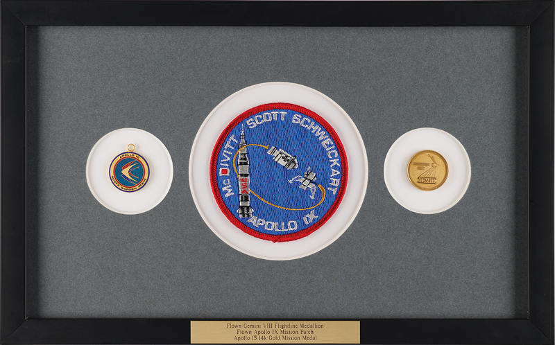 Lot 6070 Gemini 8 Fliteline Medallion (Gold-Plated), Apollo 9 Crew Patch (Flown), and Apollo 15 (14K Gold) Pendant Relic Display - From the Personal Collection of Dave Scott