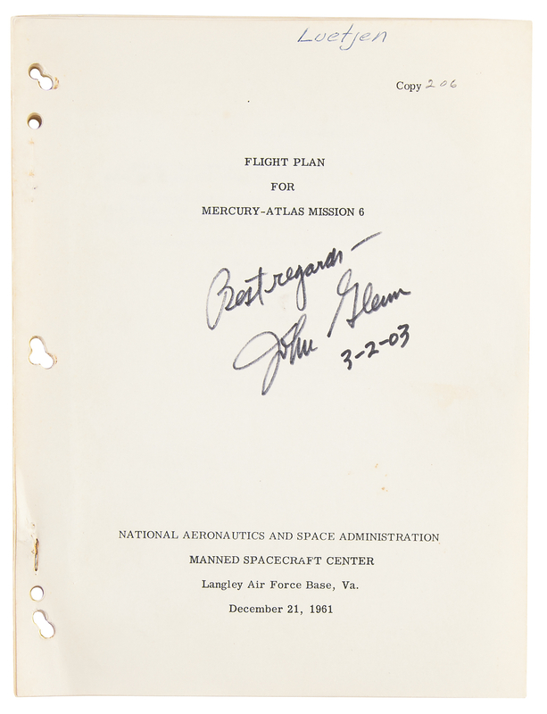 Lot 6037 John Glenn Signed Flight Plan for the Mercury-Atlas 6 Mission