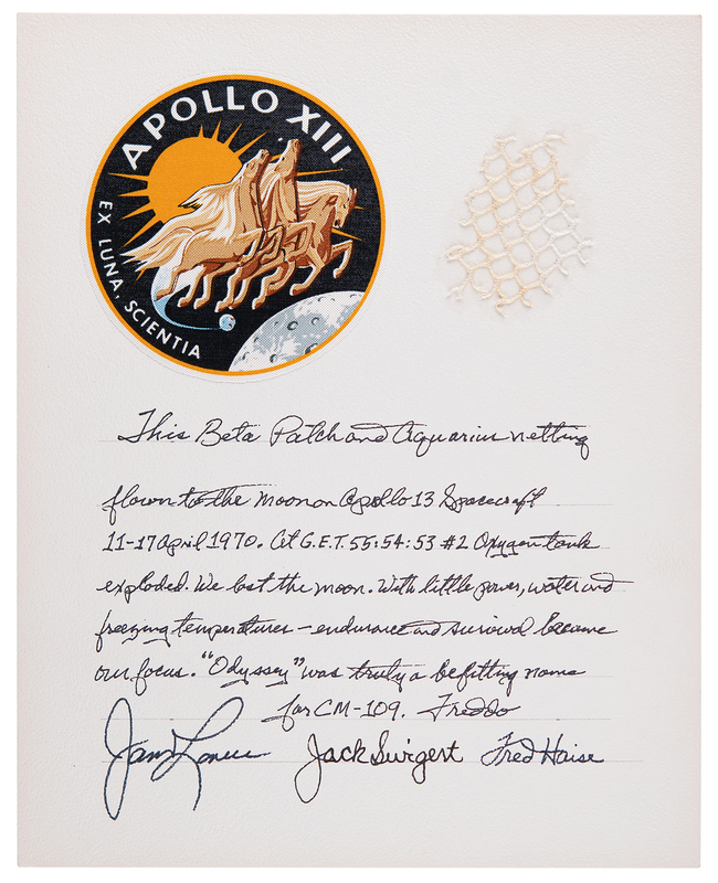 Lot 6207 Apollo 13 Flown Beta Cloth Insignia and Lunar Module Netting - Signed and Flight-Certified by James Lovell, Jack Swigert, and Fred Haise