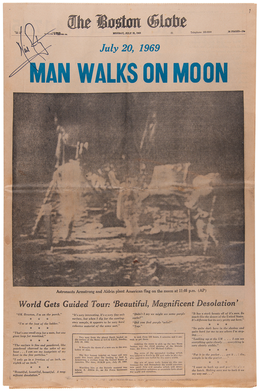 Lot 6150 Neil Armstrong Signed Boston Globe Newspaper (July 21, 1969)