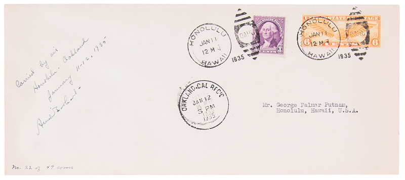Lot 6007 Amelia Earhart Signed Flown Airmail Cover Carried on Her Historic Solo Hawaii-to-California Flight (Ltd. Ed. #22/49)