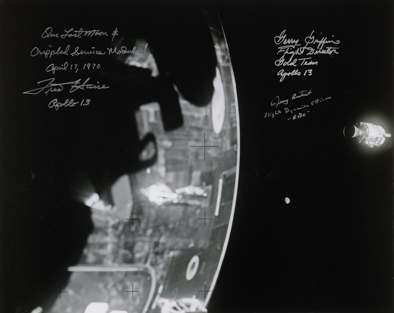 Lot 6216 Fred Haise, Gerry Griffin, Jerry Bostick Signed Oversized 'Lost Moon' Photograph