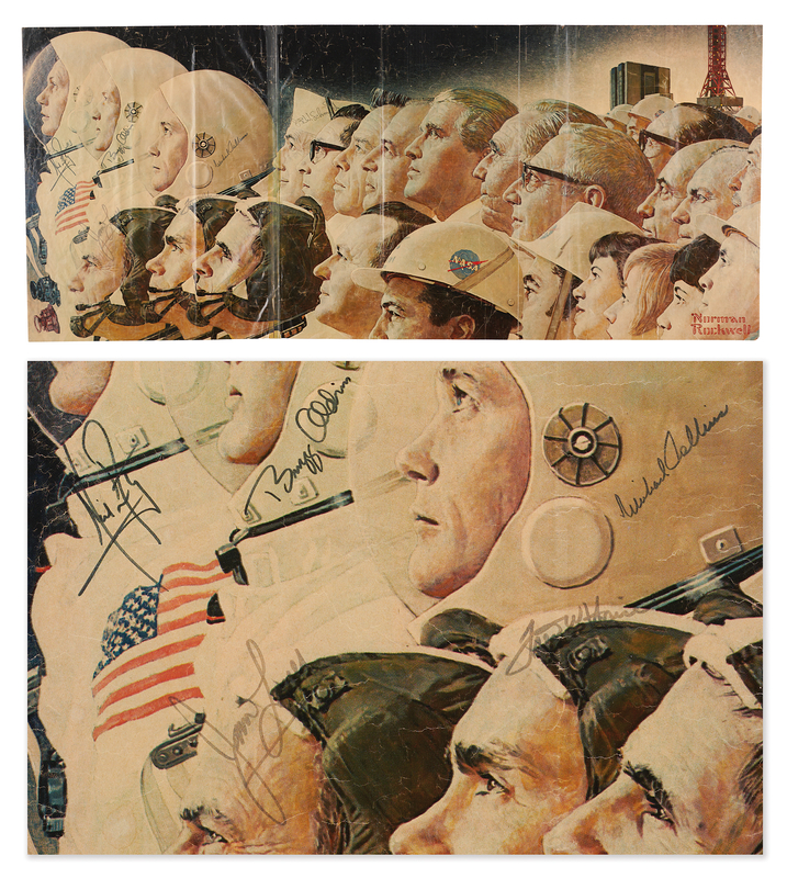 Lot 6152 Apollo 11 Prime and Backup Crews Signed Norman Rockwell Magazine Foldout - 'Behind Apollo 11’ (30.5 x 13.25)